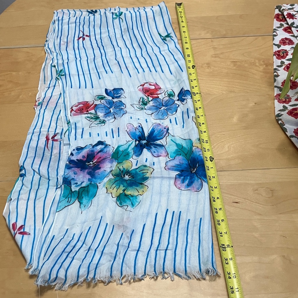 SPRING SCARF Floral print with‎ turquoise stripes light scarf beautiful